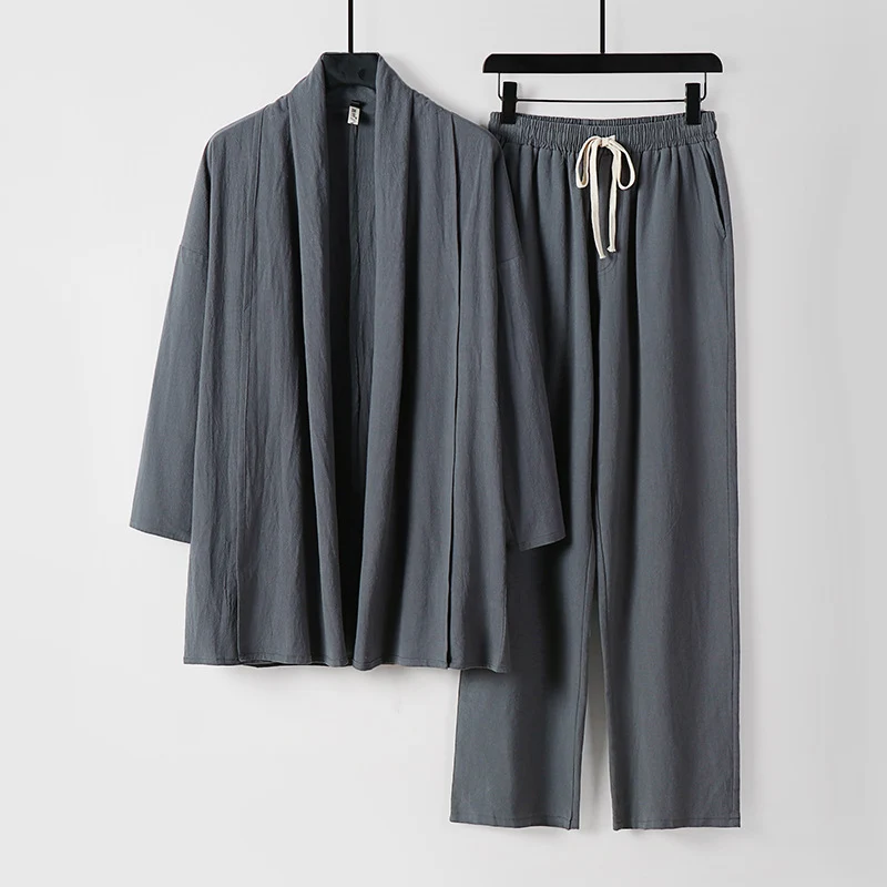 Unisex Lässiges Kimono-Zweiteiler aus atmungsaktivem Leinen-Viskose mit offenem Schalkragen und Kordelbundhose Nord Taschen