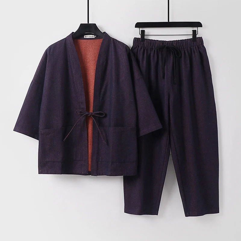 Unisex Lässiges Denim-Kimono-Set mit kurzarm Jacke, Bindeband und elastischer Bundhose Nord Taschen