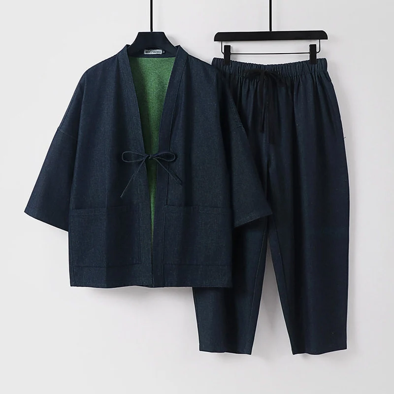 Unisex Lässiges Denim-Kimono-Set mit kurzarm Jacke, Bindeband und elastischer Bundhose Nord Taschen