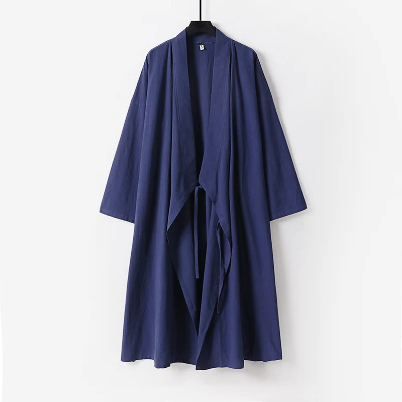 Unisex Langer Kimono-Mantel aus leichtem Baumwollmix mit drapierter Front und Bindeschlaufe Nord Taschen