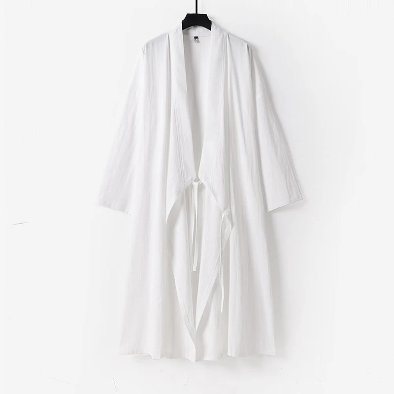 Unisex Langer Kimono-Mantel aus leichtem Baumwollmix mit drapierter Front und Bindeschlaufe Nord Taschen