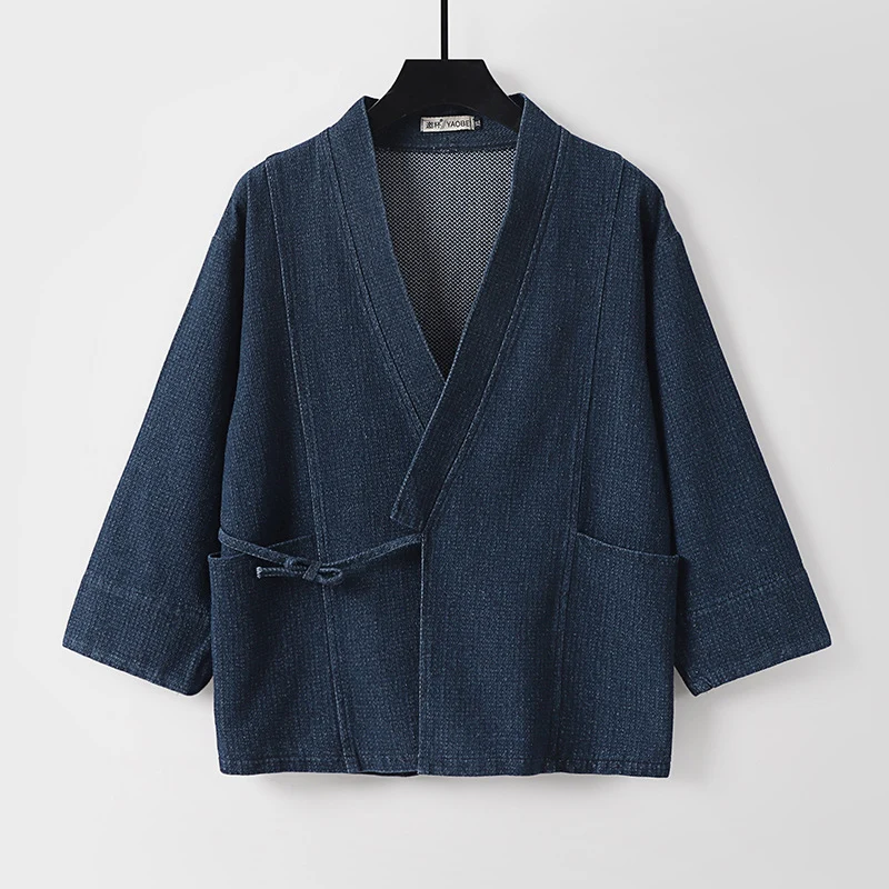 Unisex Jeans-Kimono-Jacke mit Bindegürtel und aufgesetzten Taschen Nord Taschen