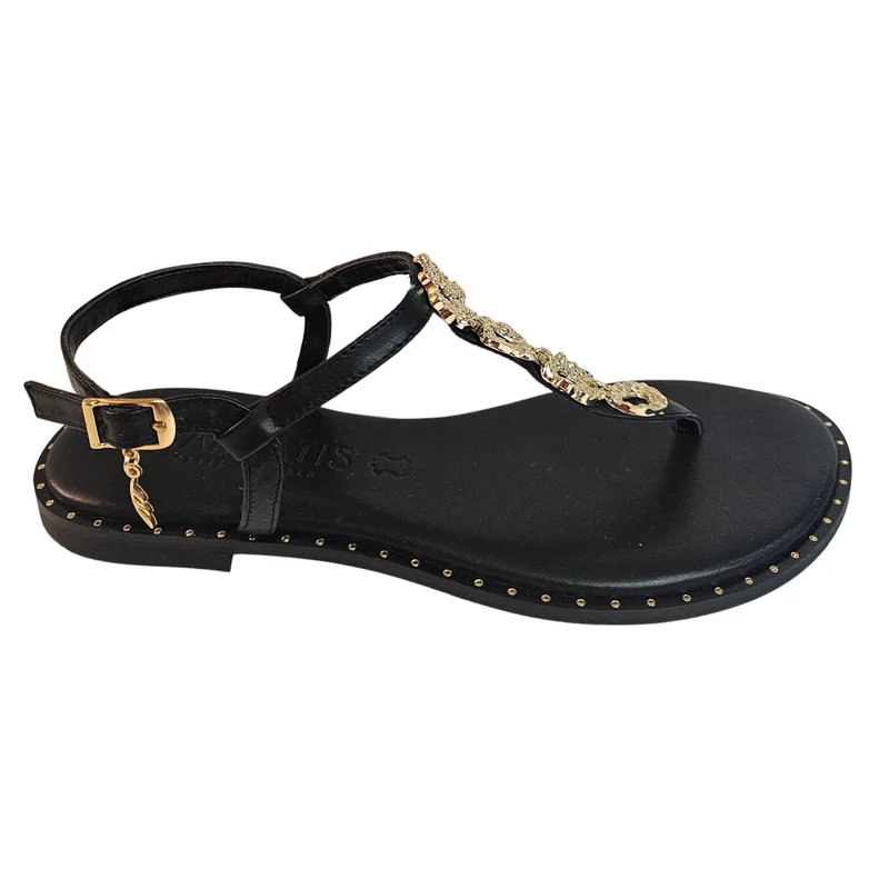 Caryatis, Zehenteiler Sandale in Schwarz mit Golddetails