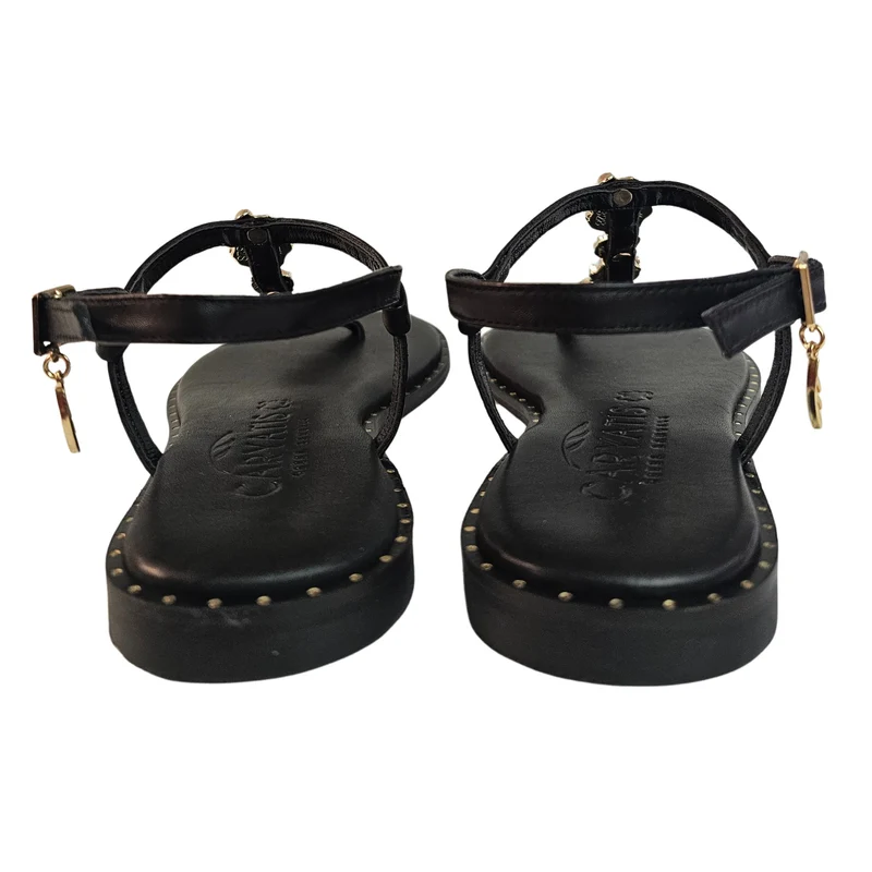 Caryatis, Zehenteiler Sandale in Schwarz mit Golddetails