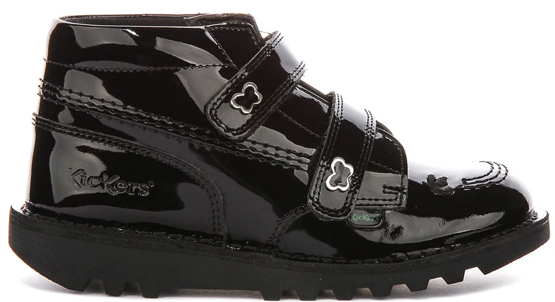 Kickers Kick Hi Velcro Wing In Black Patent For Juniors