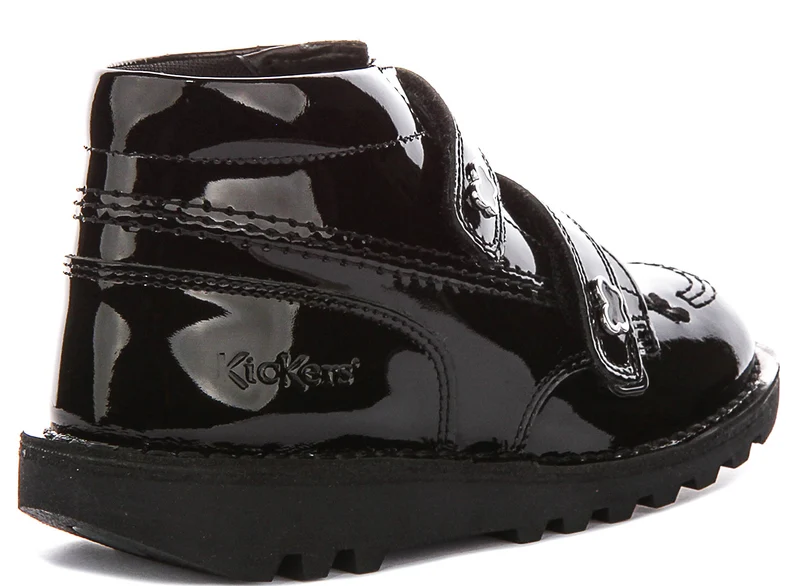 Kickers Kick Hi Velcro Wing In Black Patent For Juniors