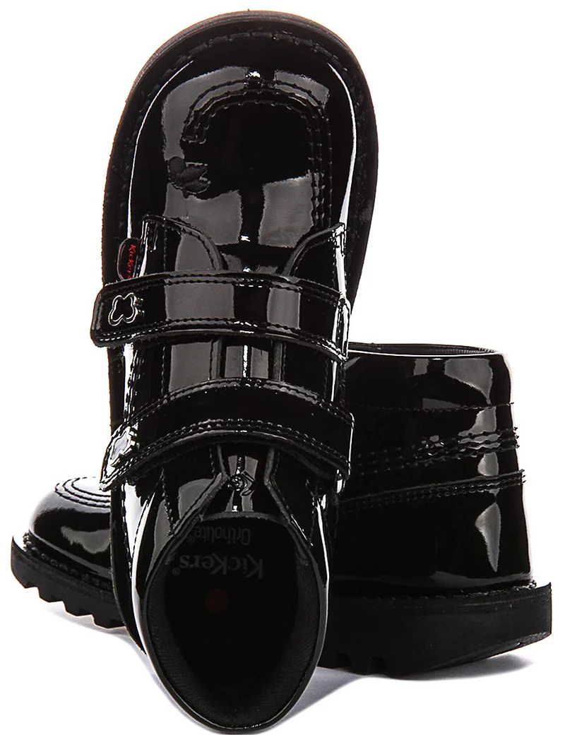 Kickers Kick Hi Velcro Wing In Black Patent For Juniors
