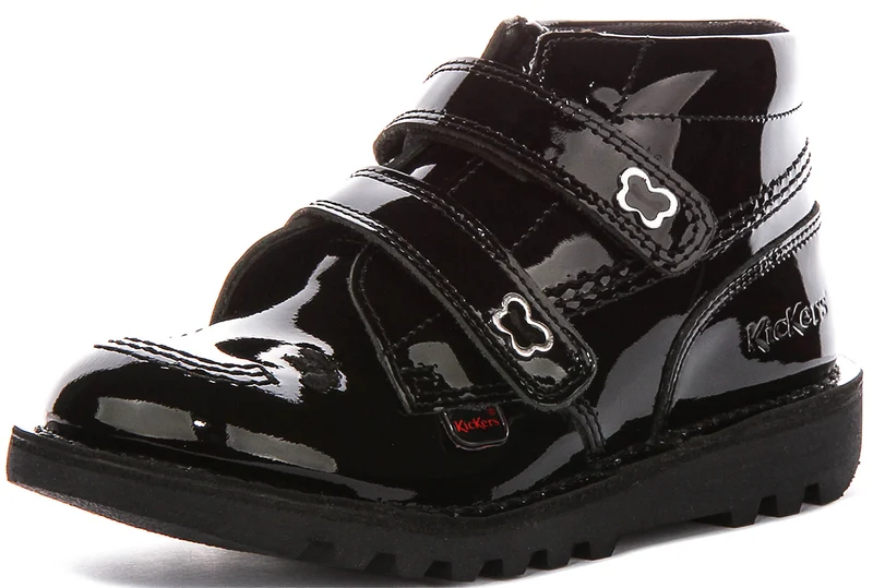 Kickers Kick Hi Velcro Wing In Black Patent For Juniors