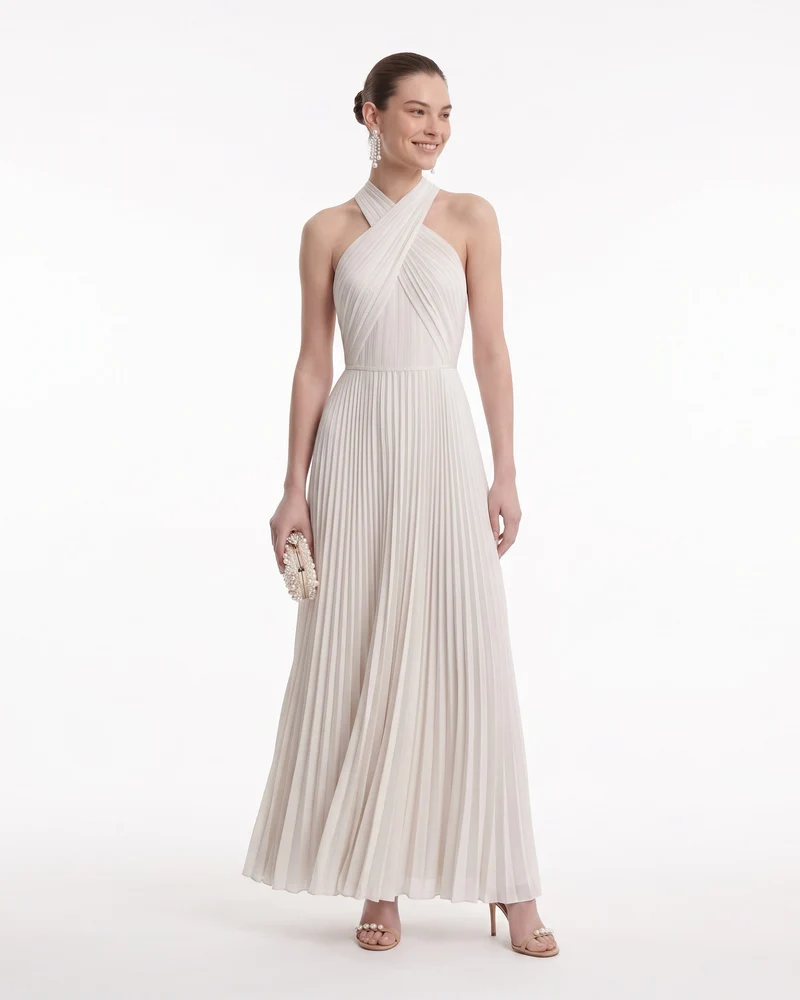 Plissee-Maxikleid mit überkreuztem Neckholder – Elfenbein