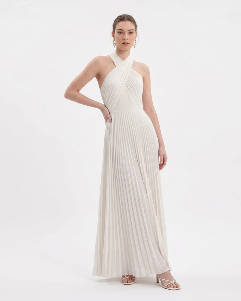 Plissee-Maxikleid mit überkreuztem Neckholder – Elfenbein