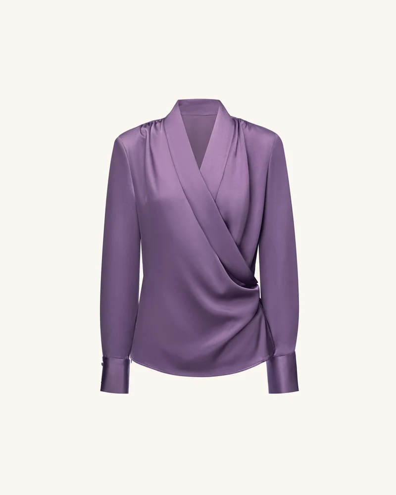 Satin-Wickelbluse mit V-Ausschnitt und langen Ärmeln – Altrosa