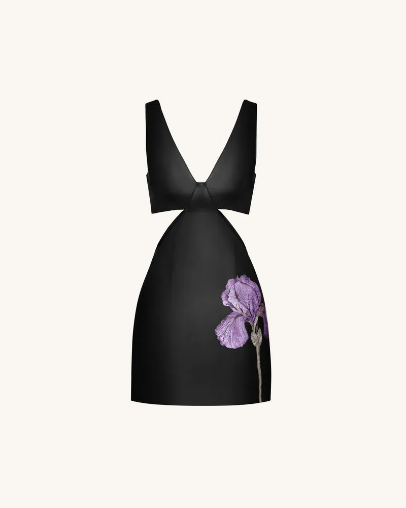 Iris Bodycon-Minikleid aus Leder mit Blumen-Cut-out – Schwarz