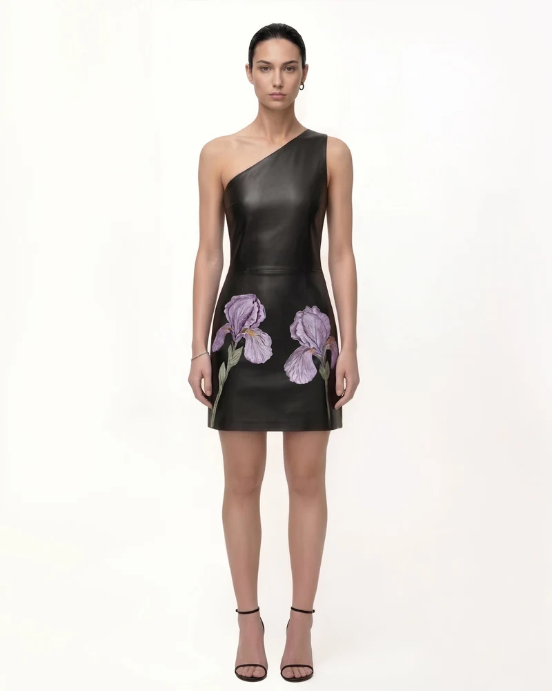 Leder-Minikleid mit One-Schulter und Iris-Blumenprint - Schwarz