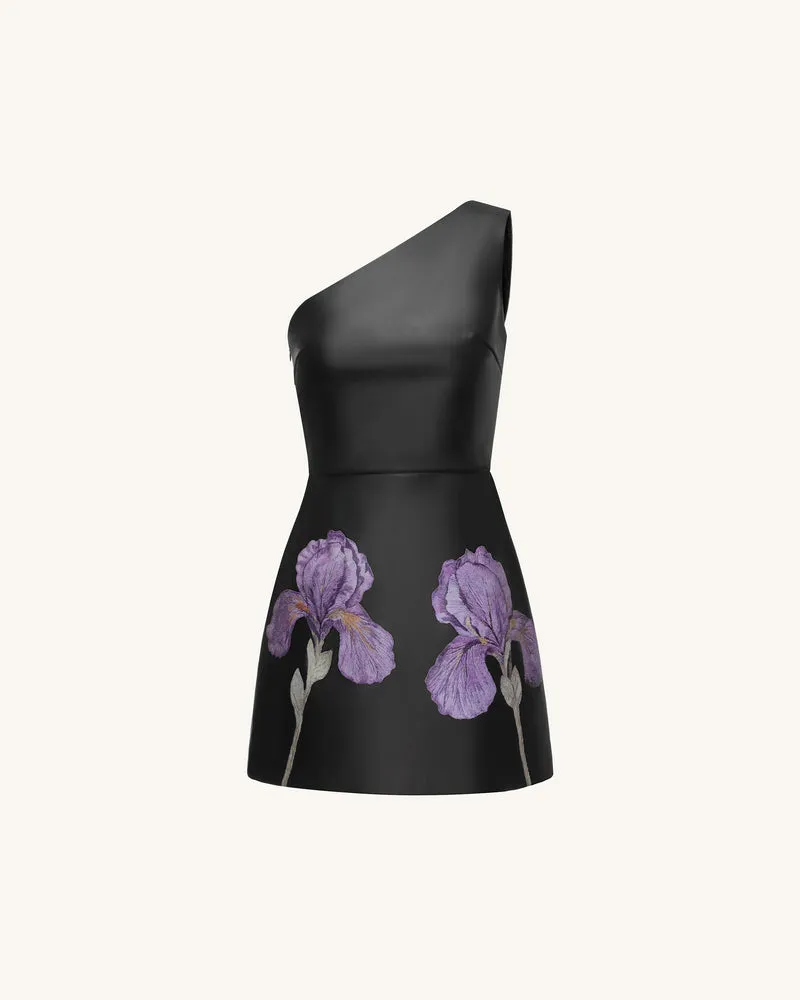 Leder-Minikleid mit One-Schulter und Iris-Blumenprint - Schwarz