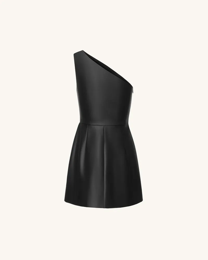 Leder-Minikleid mit One-Schulter und Iris-Blumenprint - Schwarz