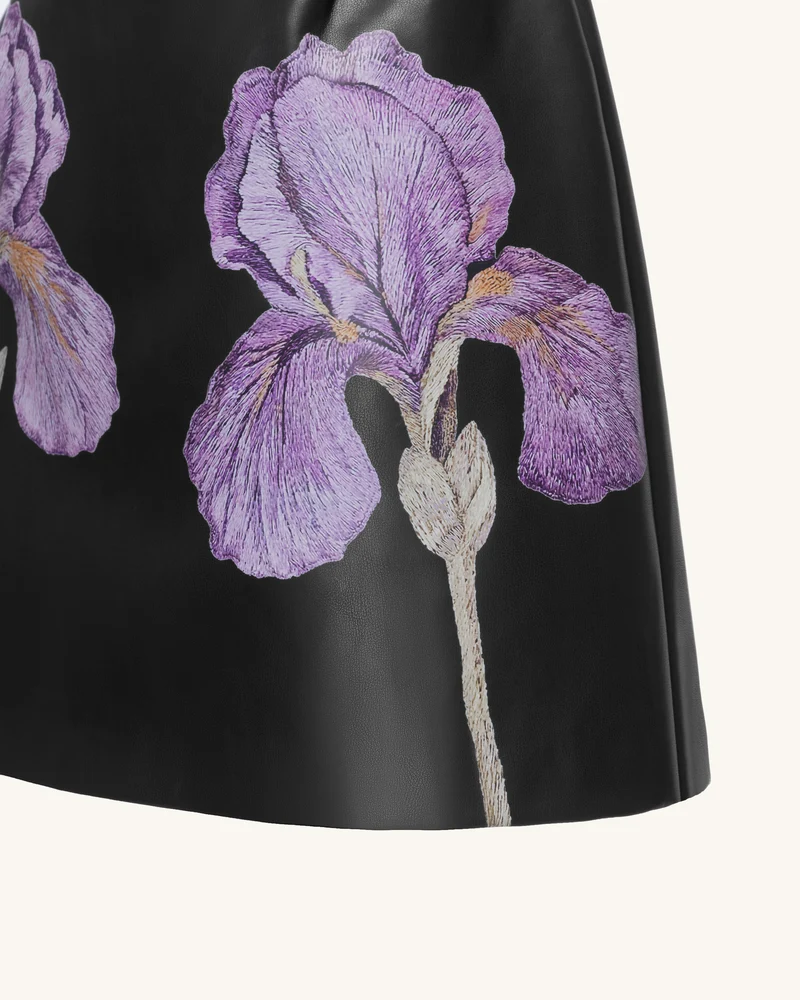 Leder-Minikleid mit One-Schulter und Iris-Blumenprint - Schwarz