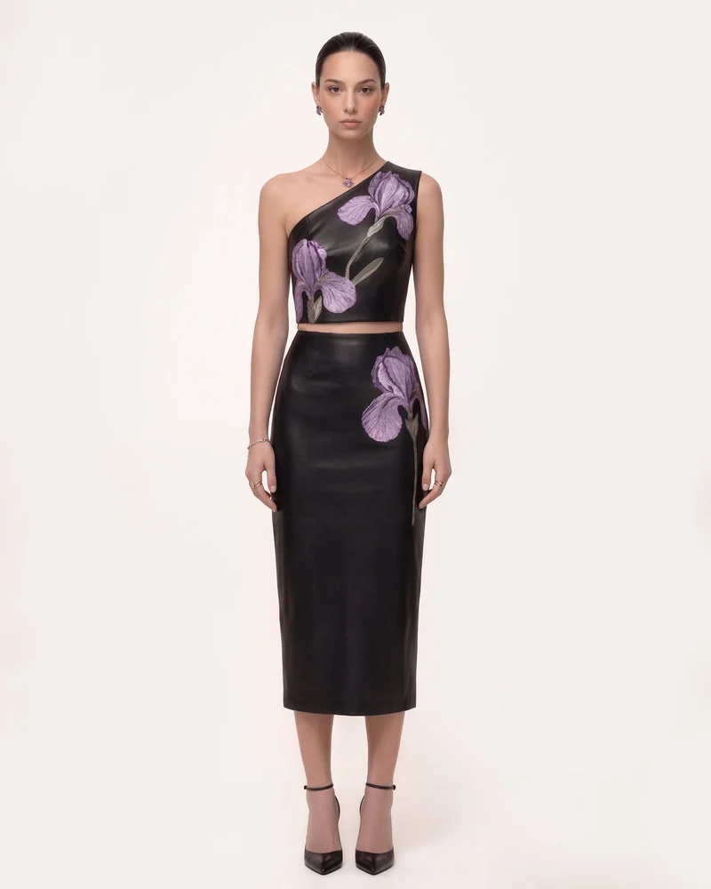 Iris Bleistift-Midirock aus Leder mit Blumenprint und hoher Taille – Schwarz