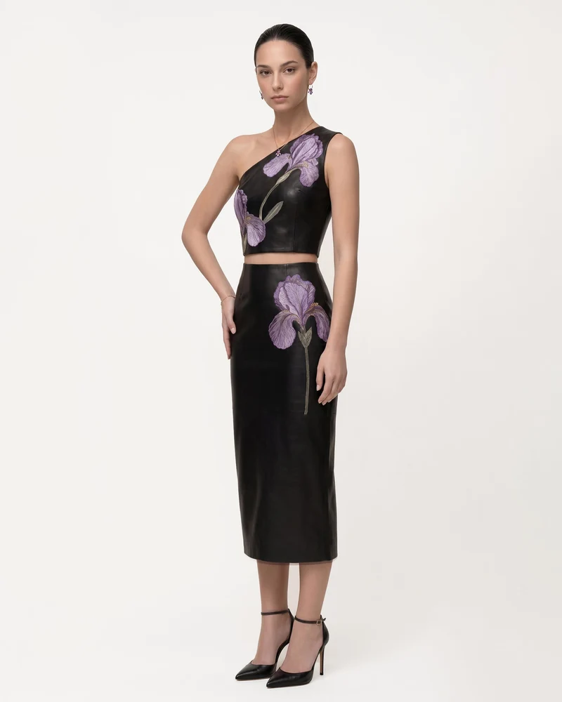 Iris Bleistift-Midirock aus Leder mit Blumenprint und hoher Taille – Schwarz