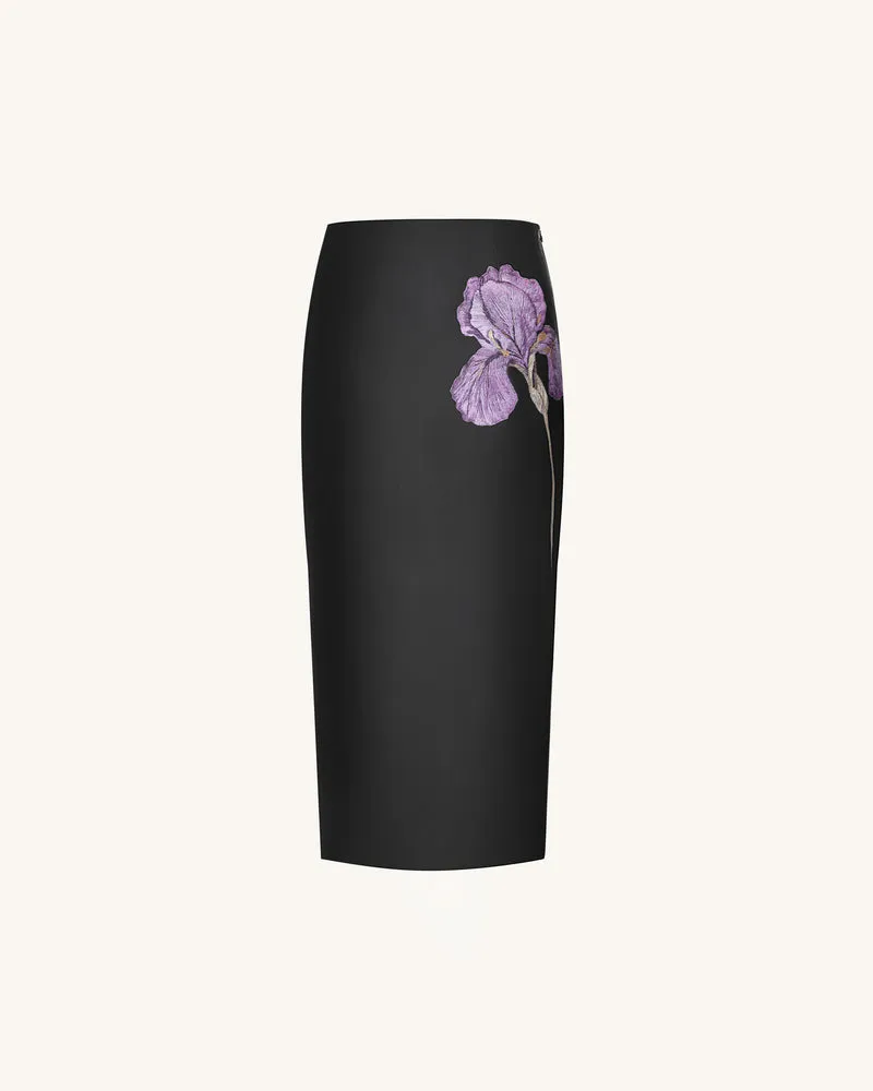 Iris Bleistift-Midirock aus Leder mit Blumenprint und hoher Taille – Schwarz