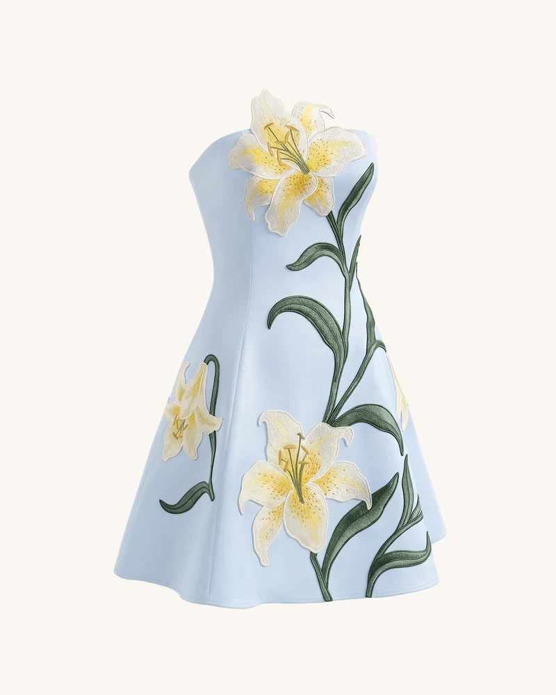 Lily Trägerloses A-Linien-Minikleid mit Blumenprint - Hellblau