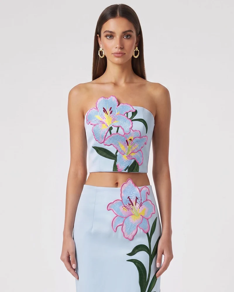 Lily Trägerloses Korsett-Top mit Blumenstickerei - Hellblau