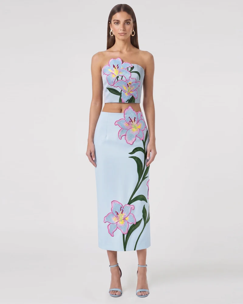 Lily Floral bestickter High-Waist Midi-Bleistiftrock - Hellblau