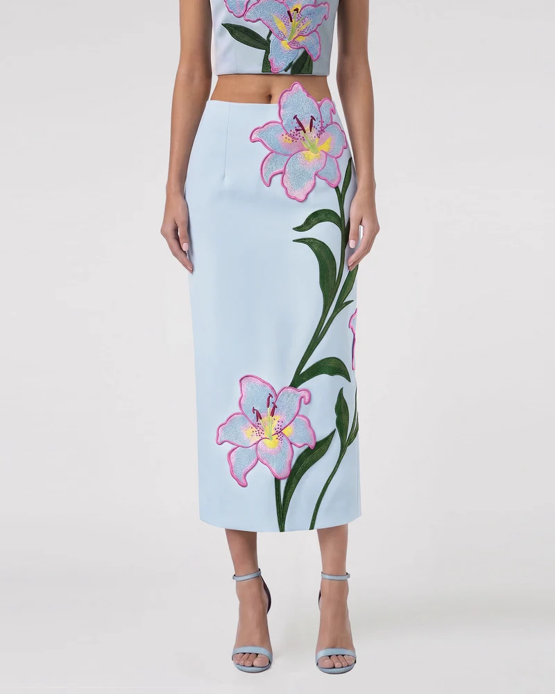 Lily Floral bestickter High-Waist Midi-Bleistiftrock - Hellblau