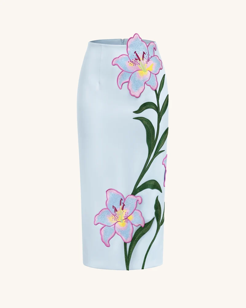 Lily Floral bestickter High-Waist Midi-Bleistiftrock - Hellblau