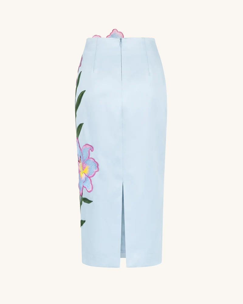 Lily Floral bestickter High-Waist Midi-Bleistiftrock - Hellblau
