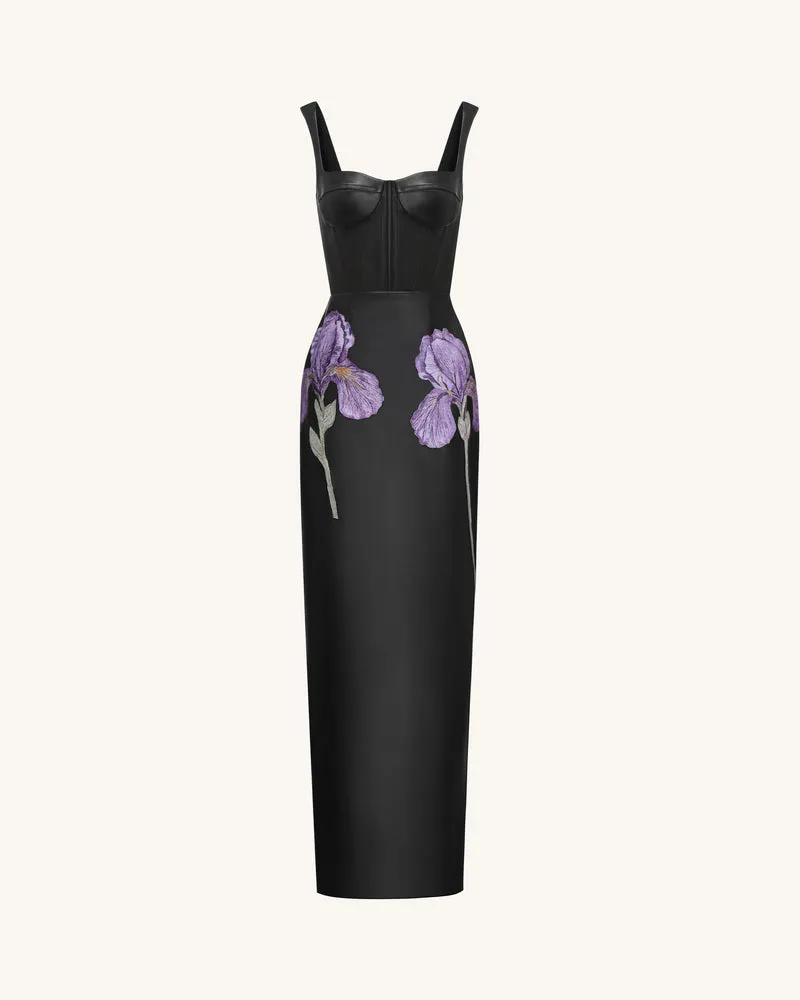 Iris Maxikleid aus Leder mit Blumenprint, Trägern und Korsett-Optik – Schwarz