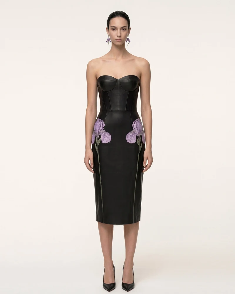 Trägerloses Leder-Midikleid im Korsett-Stil mit Iris-Blumenprint - Schwarz