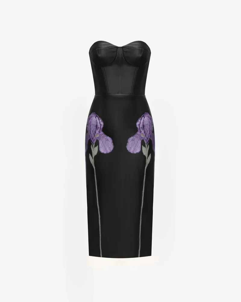 Trägerloses Leder-Midikleid im Korsett-Stil mit Iris-Blumenprint - Schwarz