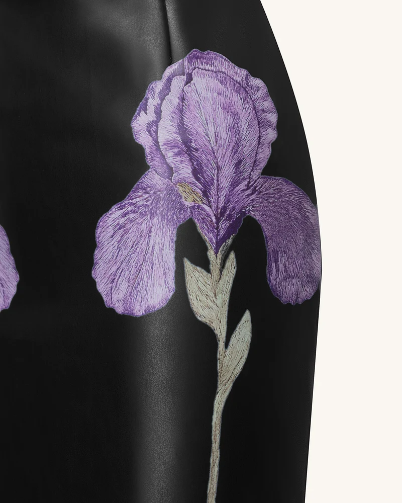 Trägerloses Leder-Midikleid im Korsett-Stil mit Iris-Blumenprint - Schwarz