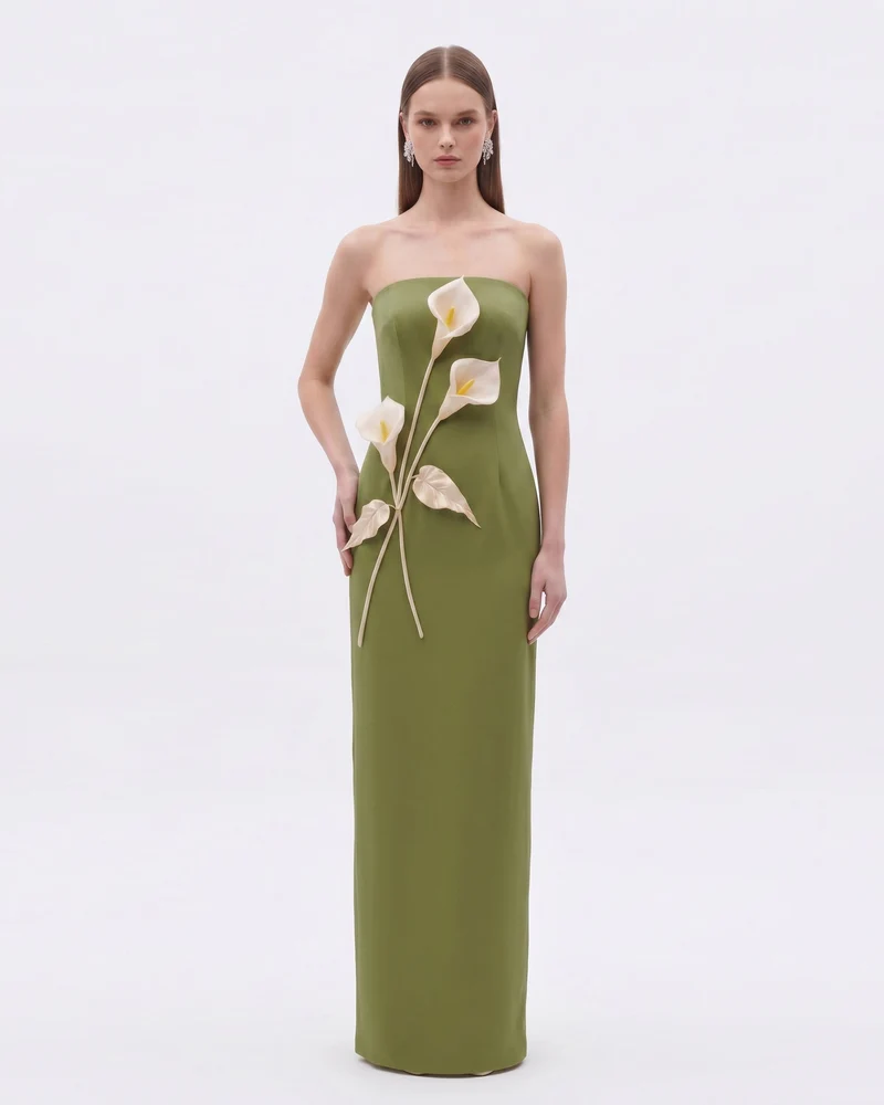 Trägerloses Kleid mit Blumenapplikationen - Olivgrün