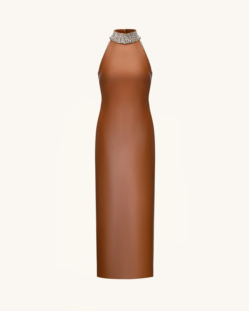 Hochgeschlossenes Neckholder-Maxikleid mit Schmucksteinen - Karamellbraun