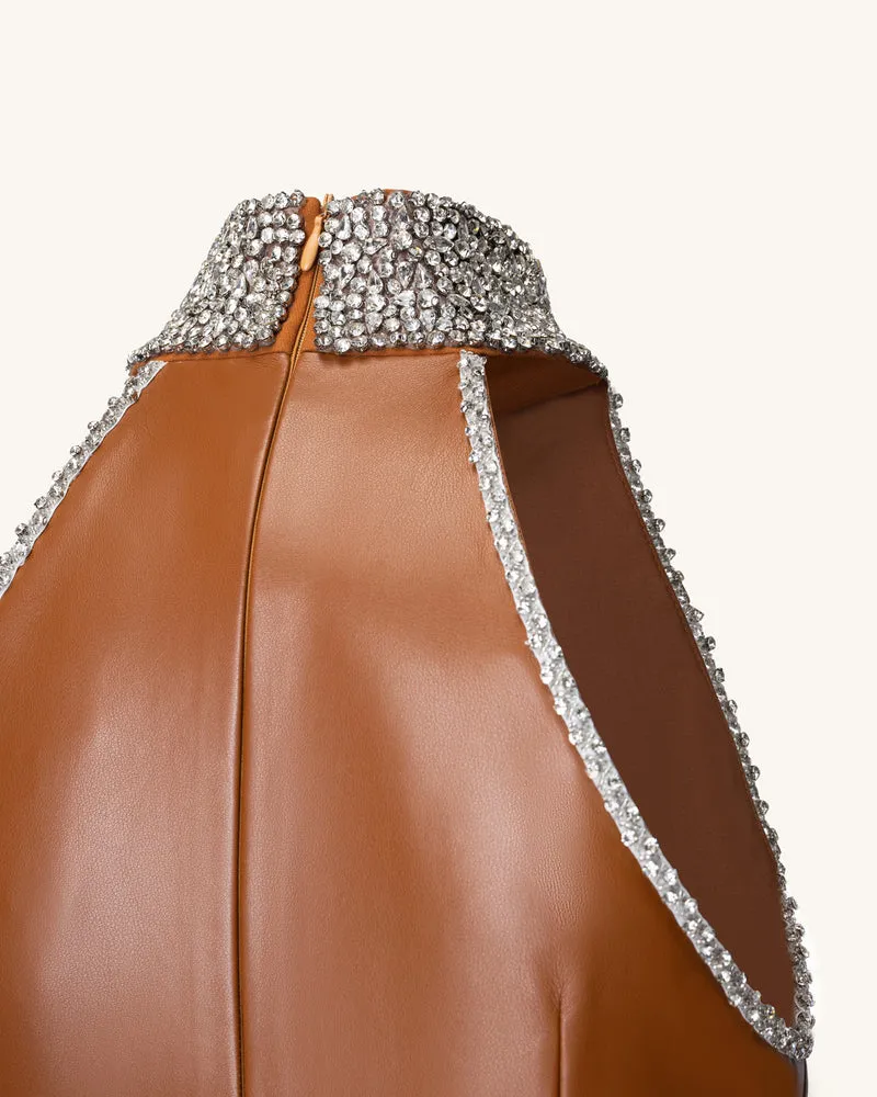 Hochgeschlossenes Neckholder-Maxikleid mit Schmucksteinen - Karamellbraun