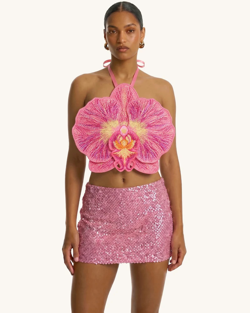 Neckholder-Crop-Top mit 3D-Orchidee - Pink