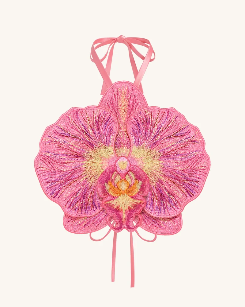 Neckholder-Crop-Top mit 3D-Orchidee - Pink