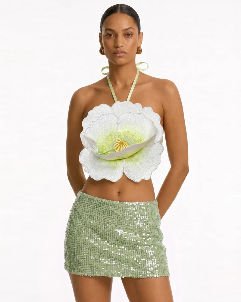 Neckholder-Crop-Top mit 3D-Blüten - Elfenbein