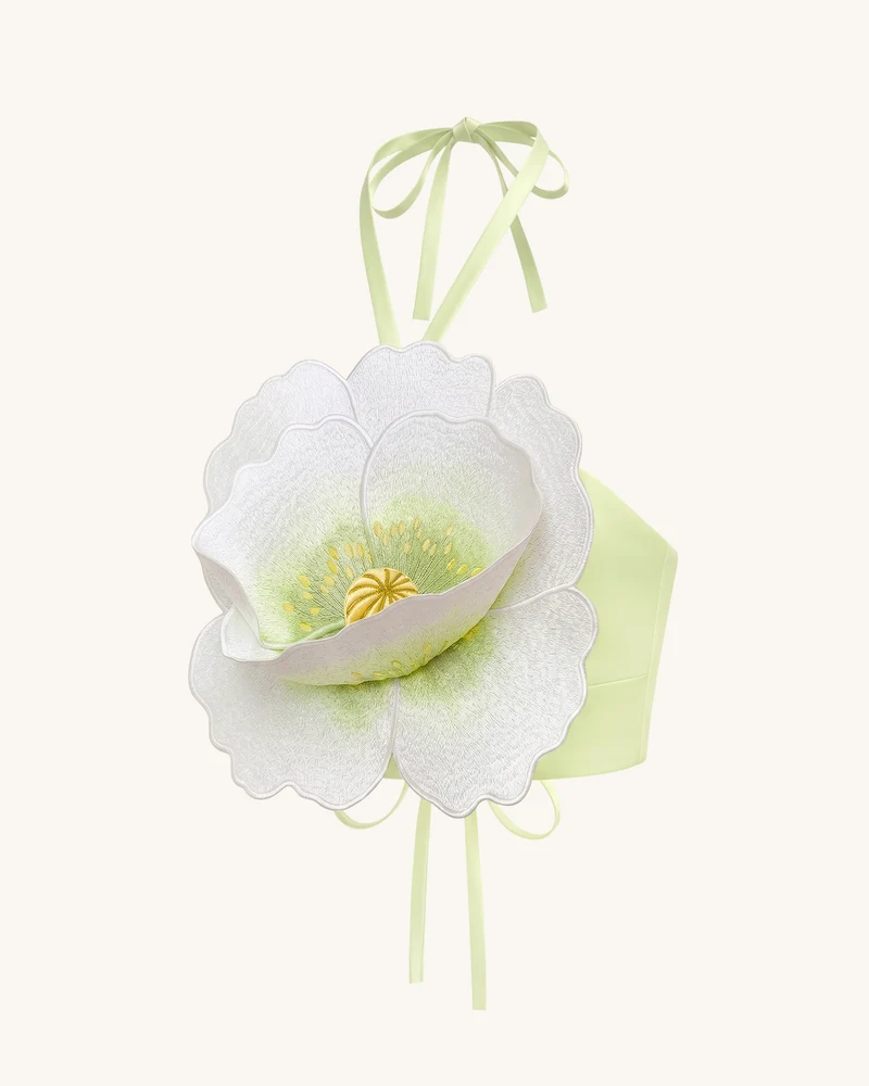 Neckholder-Crop-Top mit 3D-Blüten - Elfenbein