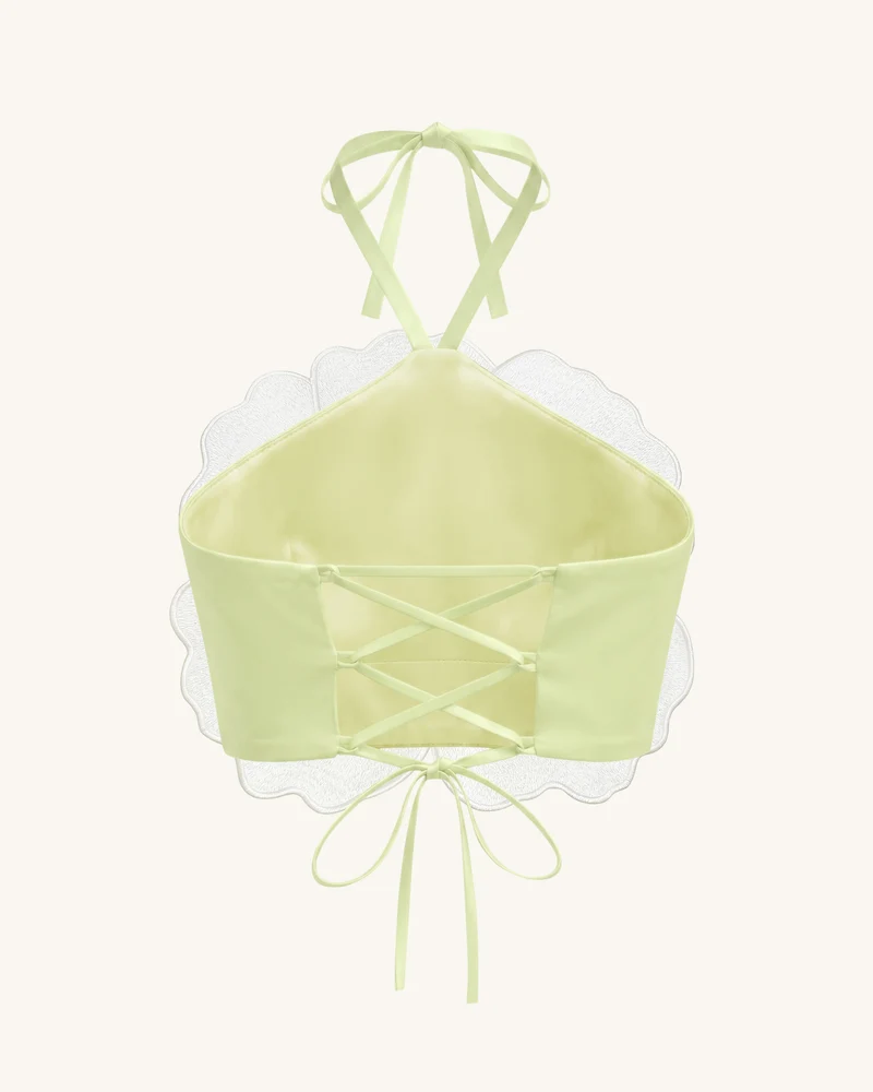Neckholder-Crop-Top mit 3D-Blüten - Elfenbein