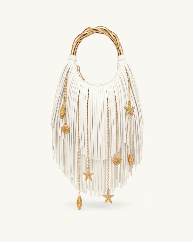 Chloe Handtasche mit Metallhenkel und Fransen - Cremeweiß