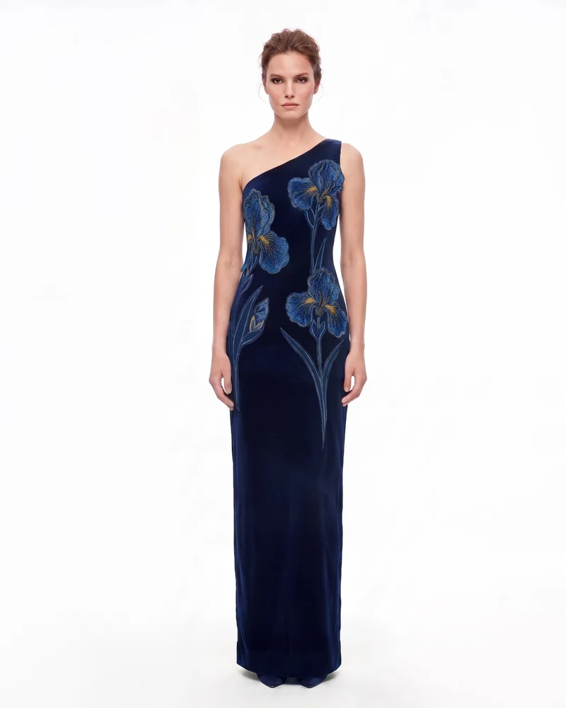 Iris Besticktes Samt-Maxikleid mit einem Träger – Marineblau