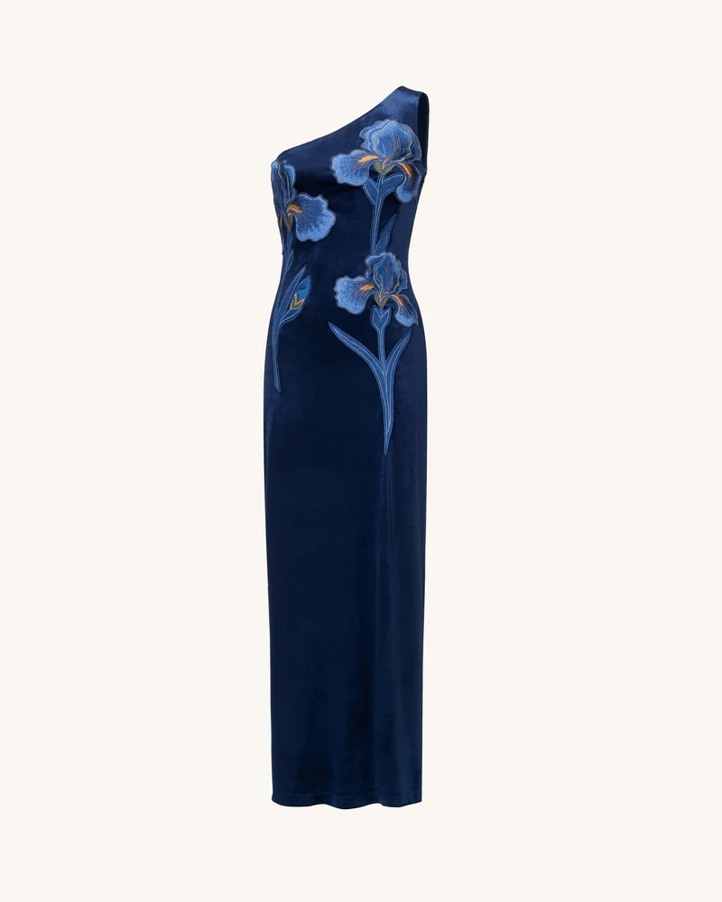 Iris Besticktes Samt-Maxikleid mit einem Träger – Marineblau
