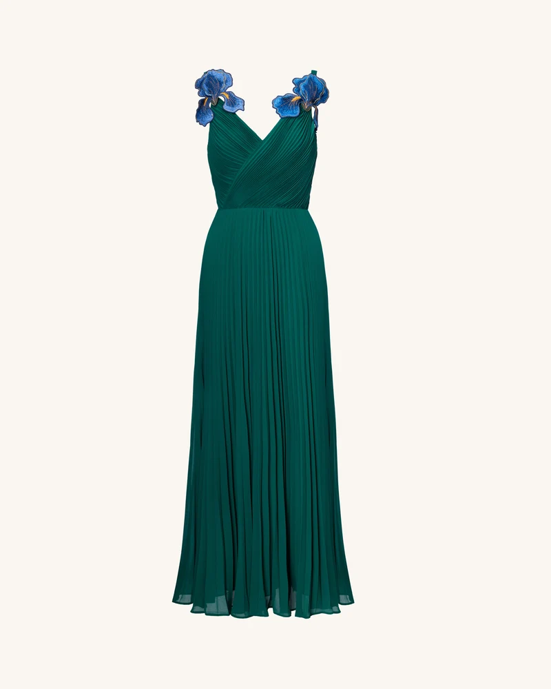Iris Besticktes Plissee-Maxikleid mit V-Ausschnitt – Smaragdgrün