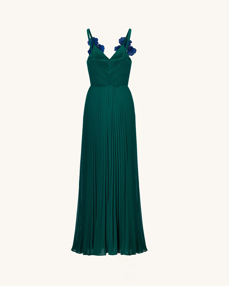 Iris Besticktes Plissee-Maxikleid mit V-Ausschnitt – Smaragdgrün