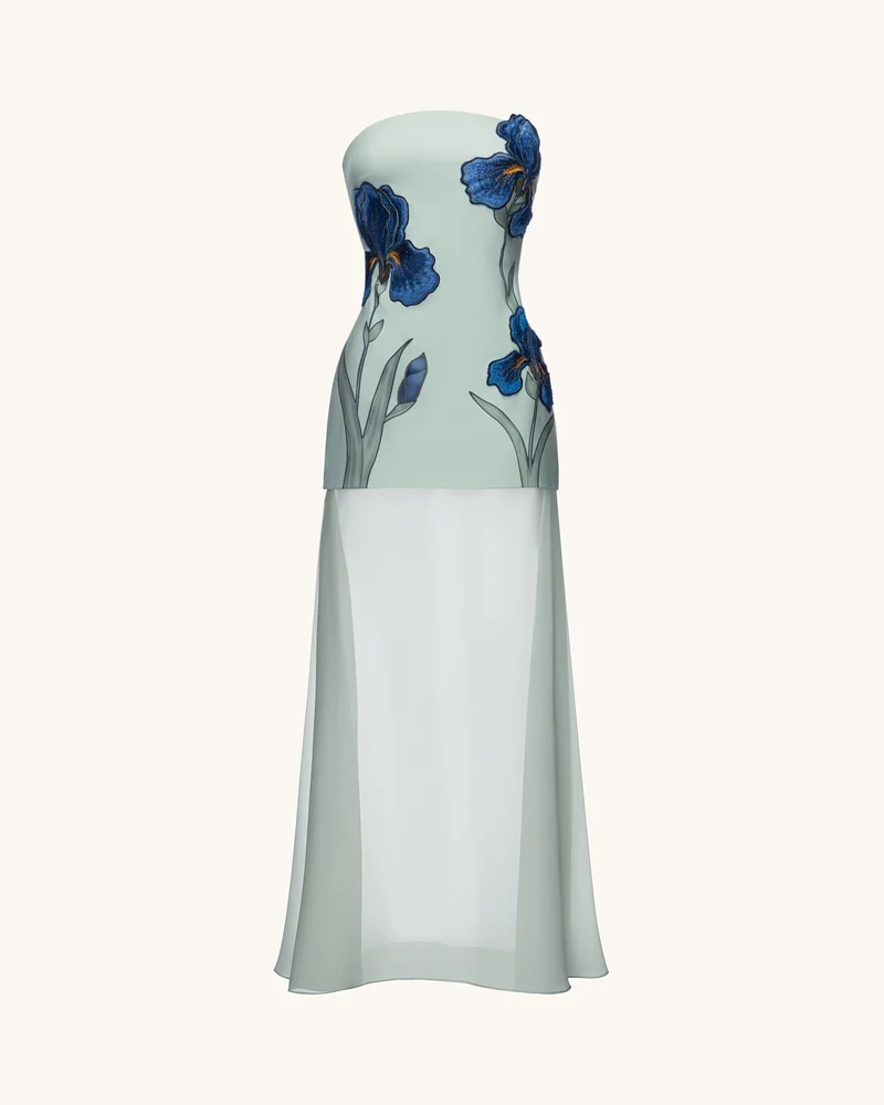 Trägerloses Maxikleid mit transparentem Overlay und Iris-Stickerei - Salbeigrün