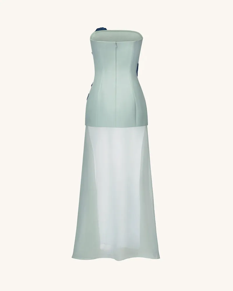 Trägerloses Maxikleid mit transparentem Overlay und Iris-Stickerei - Salbeigrün