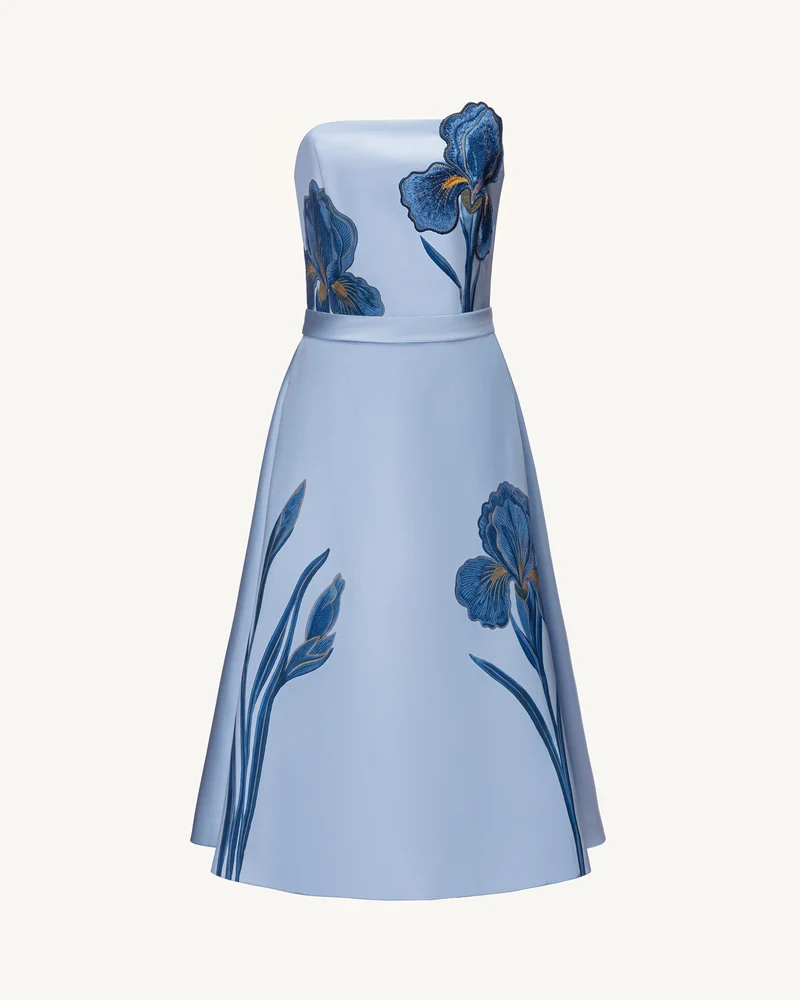 Trägerloses A-Linien-Midikleid mit Iris-Stickerei - Dusty Blue