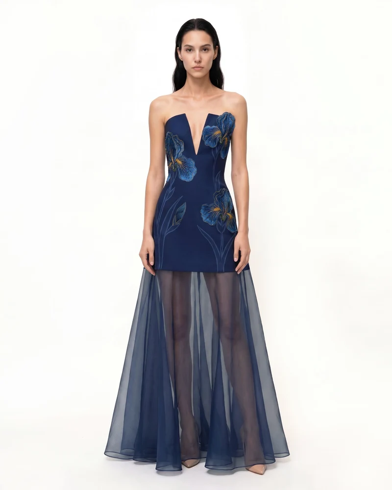 Iris Besticktes Maxikleid mit tiefem Ausschnitt und transparentem Überwurf – Marineblau